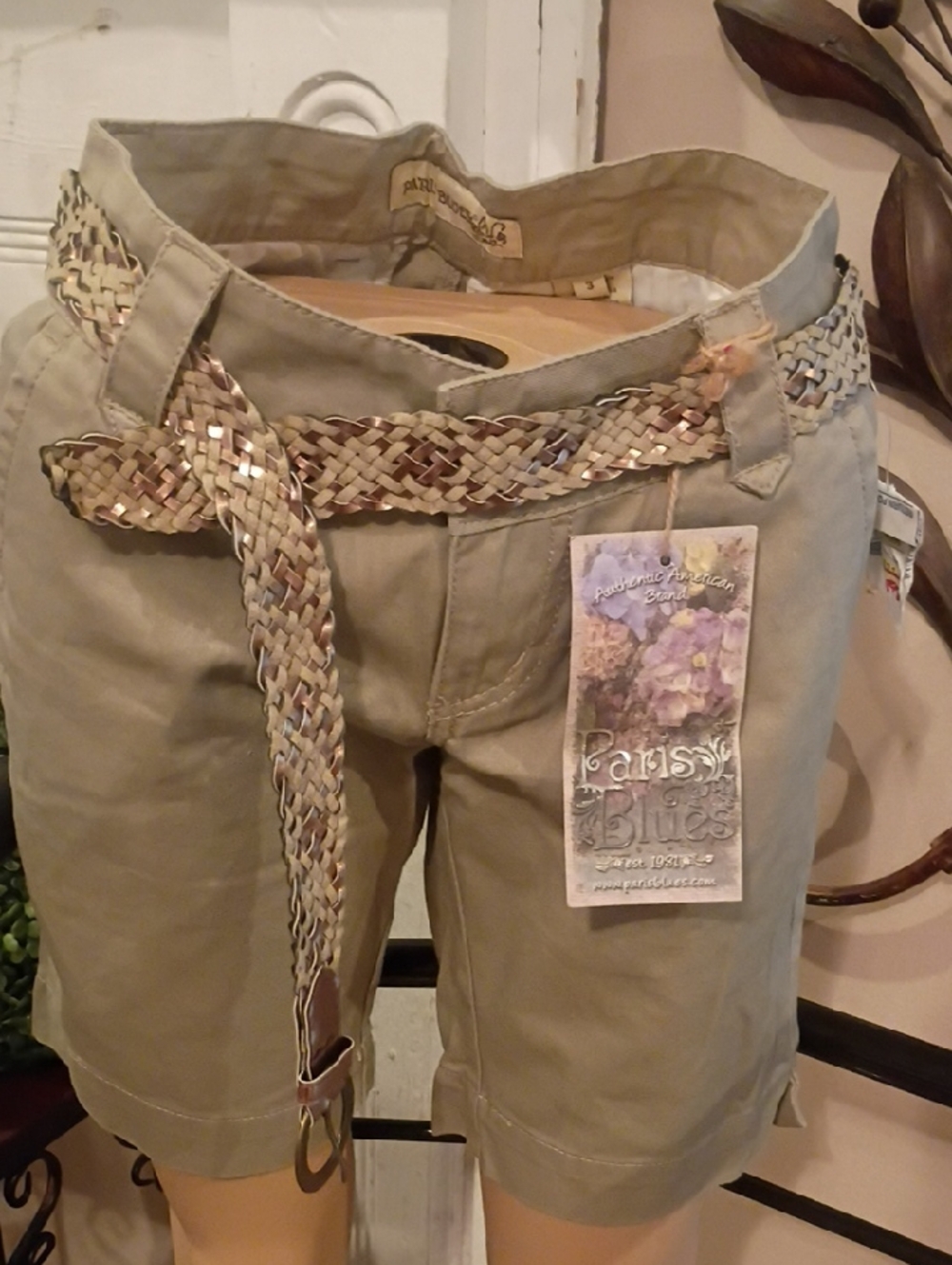 Paris Blues Women's Khaki Green Braided Belted Shorts